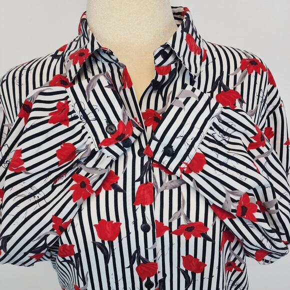 Vintage Alia Rose Print Career Blouse Size 14 Red Stripe Button Up Long Sleeve - Picture 9 of 14